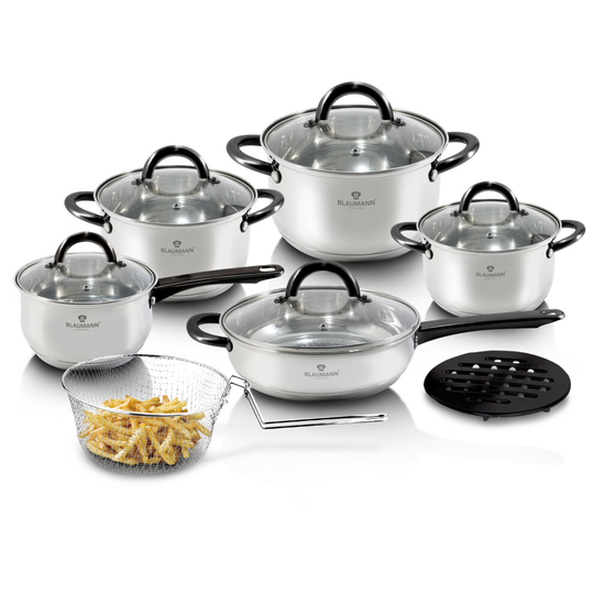 Blaumann Gourmet 12Pc Cookware Set Stainless Steel Pots Frying Basket Induction