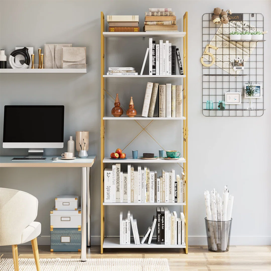 Bookcase 6-Tier Bookshelf Freestanding Storage Rack Wooden Shelving Unit Display Stand With Metal Frame For Home Office 70X30x194.5Cm (Golden White)