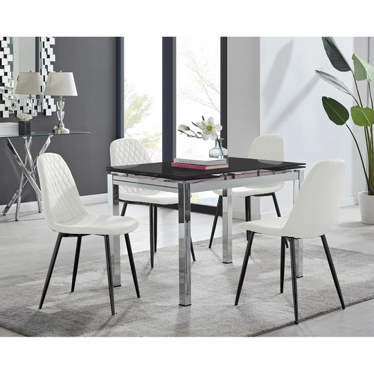 Enna Black Glass Extending Dining Table And 4 White Corona Black Leg Chairs