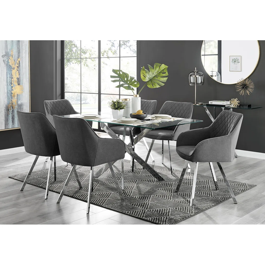 Leonardo Glass And Chrome Dining Table & 6 Dark Grey Falun Silver Leg Chairs