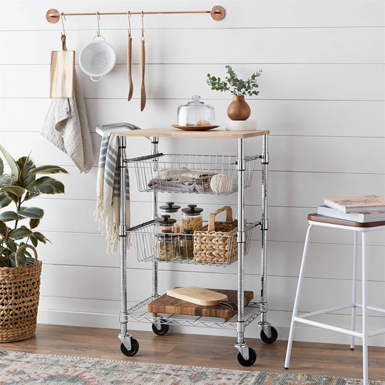 3-Tier Metal Basket Rolling Cart With Wood Top