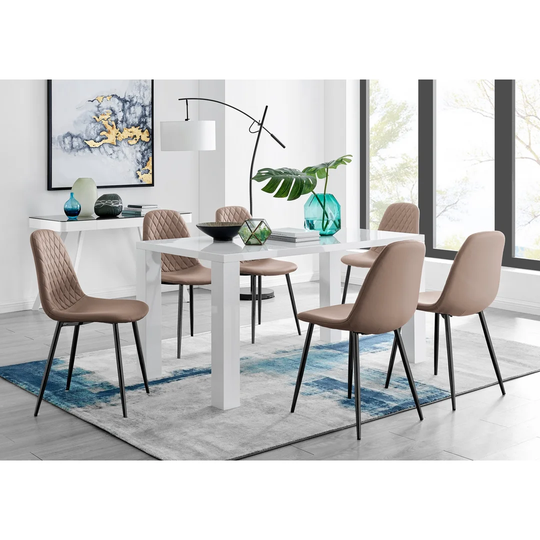 PIVERO 6 GREY Dining Table & 6 CAPPUCCINO Corona Black Leg Chairs