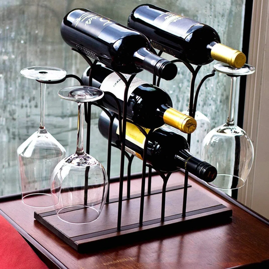 Hademar 4 Bottle Tabletop Wine Bottle & Glass Rack in Walnut/Black
