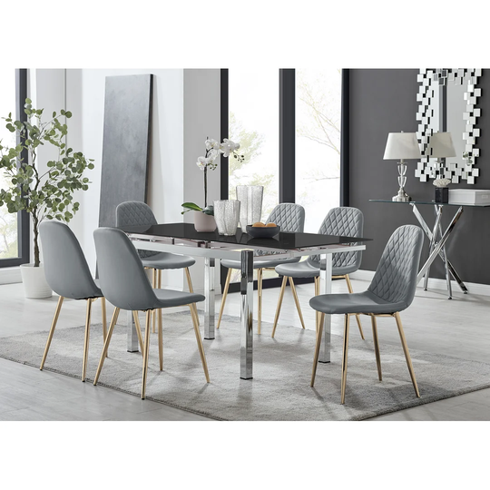 Enna Black Glass Extending Dining Table And 6 Grey Corona Gold Leg Chairs