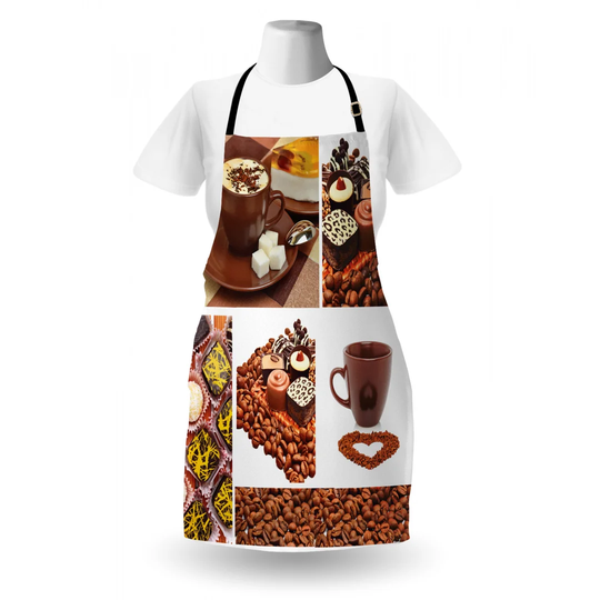 Chocolate Sweets Muffins Coffee Beans and Mugs Cappuccino Pastries Apron