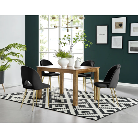 Anders Honey Solid Wood Dining Table & 4 Black Arlon Gold Leg Chairs