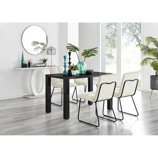 Pivero Black High Gloss Dining Table & 4 Cream Menen Chairs
