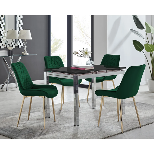Enna Black Glass Extending Dining Table And 4 Green Pesaro Gold Leg Chairs