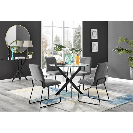 Novara Round Glass Dining Table & 4 Dark Grey Halle Chairs