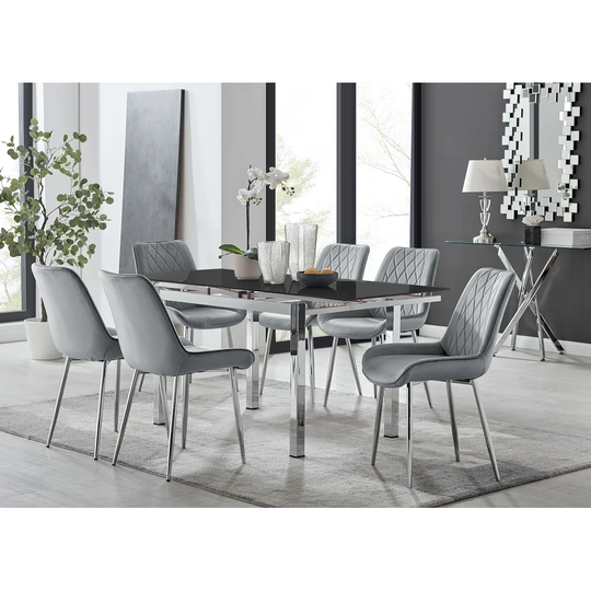 Enna Black Glass Extending Dining Table And 6 Grey Pesaro Silver Leg Chairs