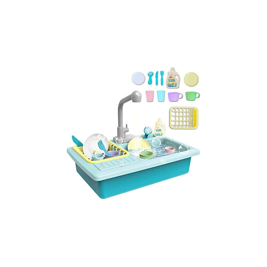 deAO Kids Pretend Kitchen Sink Toys with Running Water and Kitchen Accessories Included, Educational Gifts for Kids- Blue