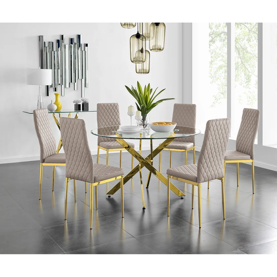 Chowchilla 120Cm Gold Round Dining Table And 6 Cappuccino Gold Leg Chairs