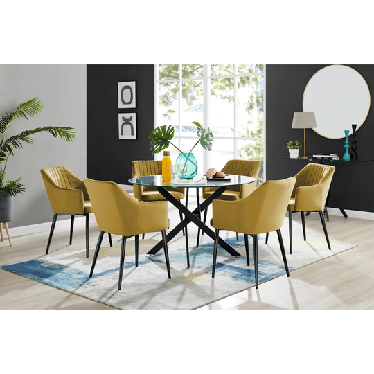 Novara Black Leg Round Glass Dining Table & 6 Mustard Calla Black Leg Chairs