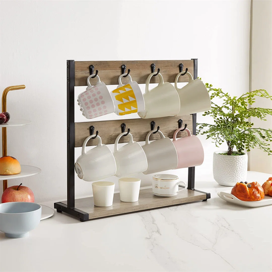Rustic Coffee Mug Holder Stand, 2 Tier Countertop Mug Tree Holder Rack With Storage Base, Vintage Mug Holders For Kitchen, Holds 16 Mugs, Greige
