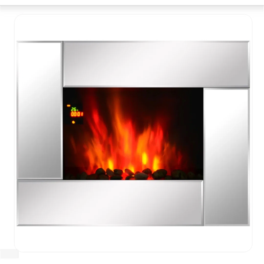 Wall Mount Electric Fireplace Heater, Flame Effect,Tempered Glass-Silver