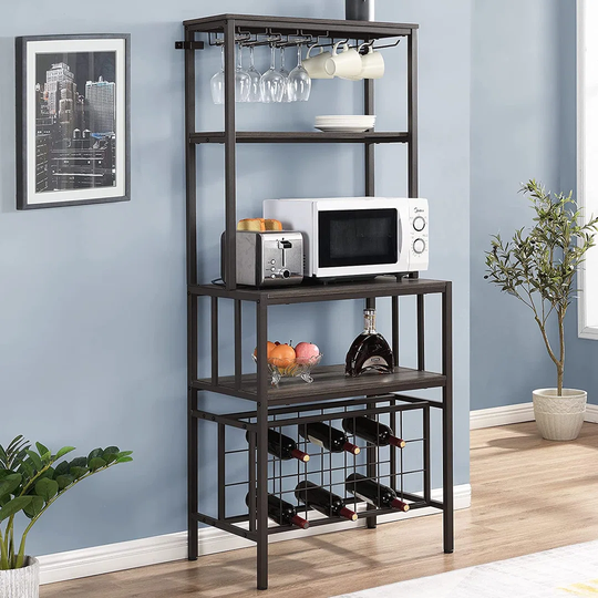 4-Tier Bakers Wine Rack, Multifunctional Wine Bar Cabinet For Home, Freestanding Wine Rack With Glass Holder And Wine Storage(Brown)