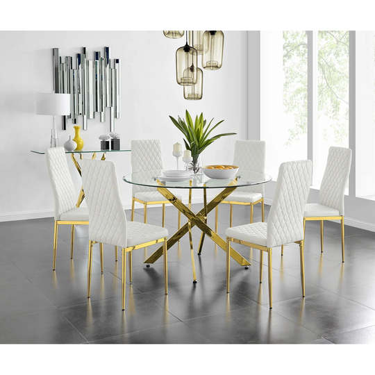 Tierra 120Cm Gold Round Dining Table And 6 White Gold Leg Chairs