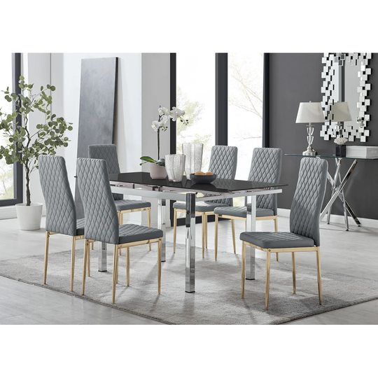 Enna Black Glass Extending Dining Table And 6 Grey Gold Leg Milan Chairs