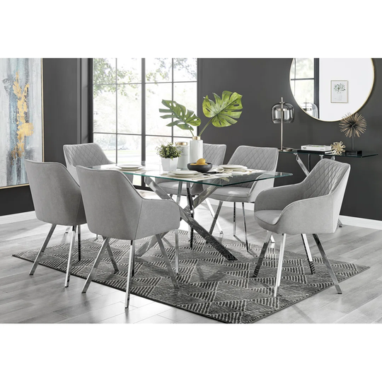 Leonardo Glass And Chrome Dining Table & 6 Light Grey Falun Silver Leg Chairs