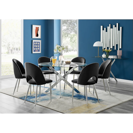 Novara 120Cm Round Glass Dining Table & 6 Black Arlon Silver Leg Chairs