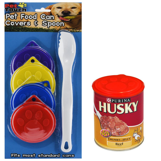 4x Standard Tin Can Covers Dog Cat Pet Food Can Reusable Lid Plastic Spoon Set