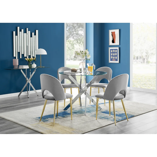 Novara 120Cm Round Glass Dining Table & 4 Grey Arlon Gold Leg Chairs