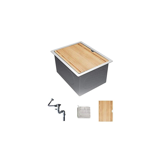 KORVO Workstation Ledge Kitchen Sink, Handmade with 1.2mm SUS304 Stainless Steel, Single Bowl, Bamboo Cutting Board, 37 x 48 x 25 cm