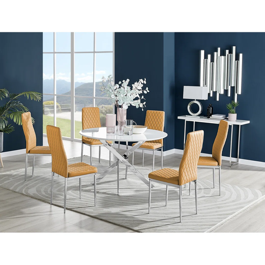 Novara White High Gloss 120Cm Round Dining Table & 6 Mustard Milan Chrome Leg Chairs