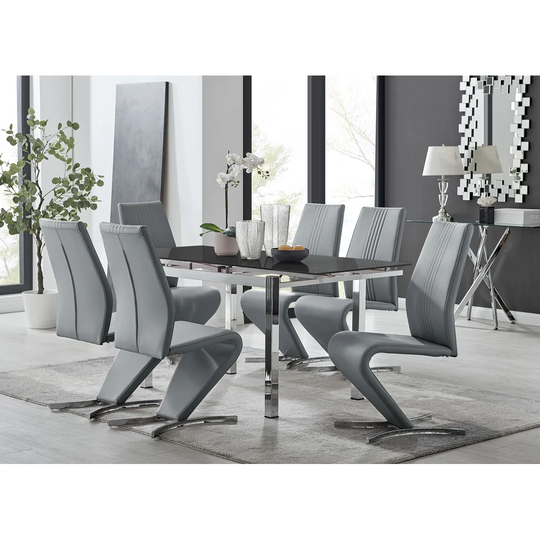 Enna Black Glass Extending Dining Table And 6 Grey Willow Chairs