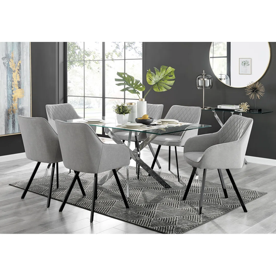 Leonardo Glass And Chrome Dining Table & 6 Light Grey Falun Black Leg Chairs