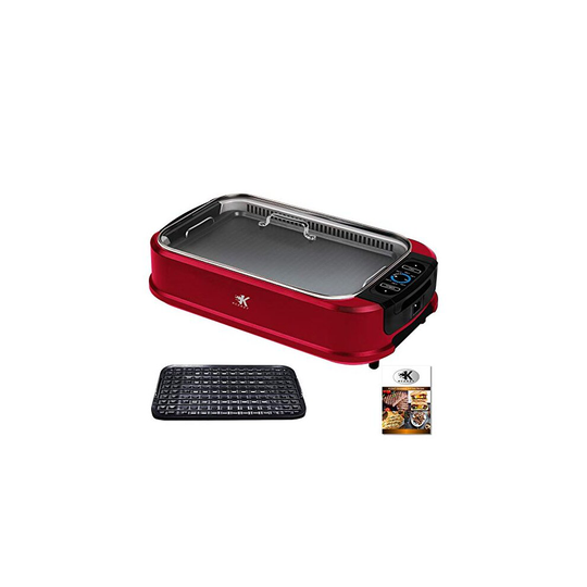 KCZAZY Electric Smokeless Grill with Glass Lid, Indoor and Outdoor Use, Grill and Griddle Plates Removable, Portable BBQ Grilling & Searing, Dishwashe