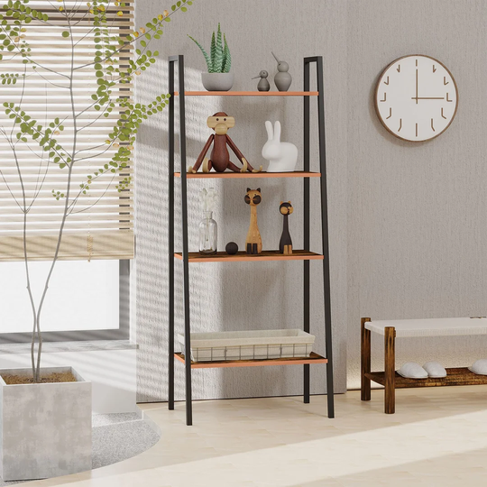 4-Tier Vintage Ladder Shelf Bookcase Wood Storage Rack Stand Plants Display Black Natural