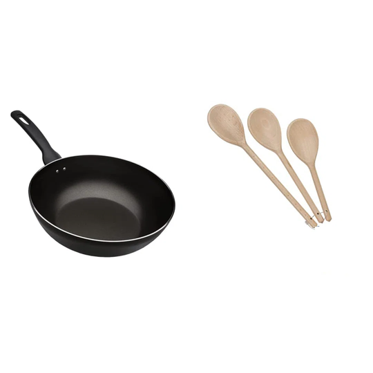 28Ccm Non Stick Wok Black & Wood Tala Wooden Spoon Set