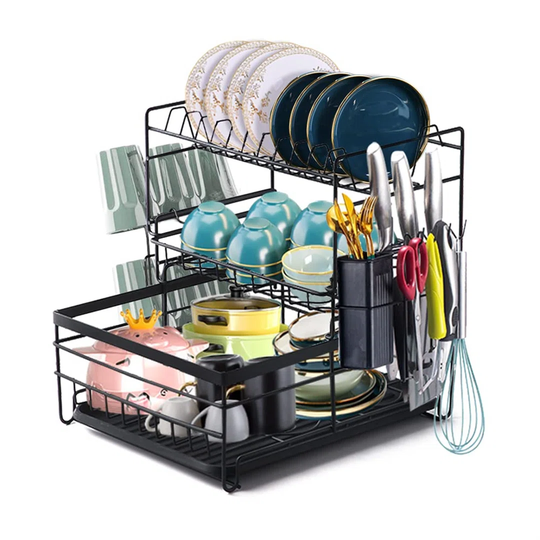 Dish Drainer Drying Rack With Drip Tray 3 Tier Large Draining Rack With Cutting Boards Cup Utensil Cutlery Holder Plate Rack Kitchen Sink Organizer Bl