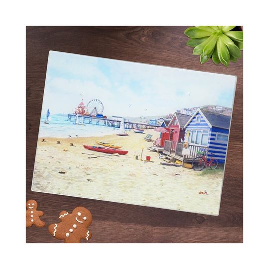 Sandy Bay Glass Cutting Chopping Board Watercolour Art Serving Worktop Protector