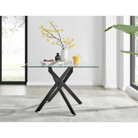 Leonardo Black Leg Glass Dining Table & 6 White Lorenzo Chairs