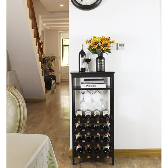 Wine Rack With Glass Holder & Table Top, 16 Bottles Storage, Floor Free Standing Bamboo Display Shelves For Home, Kitchen, Pantry, Cellar, Bar (Espres