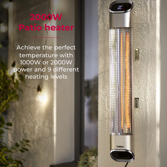 Tower T978518 2Kw Outside Smart Infrared Wall Mounted Patio Heater with LED Display , Remote Control, IP65 Waterproof, 2 Heat Settings, Timer