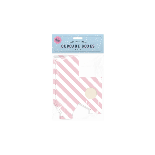 (Pink Stripes) 6 Pack Beautiful Cupcake Boxes Pink Blue Green Lilac, Spots or Stripes