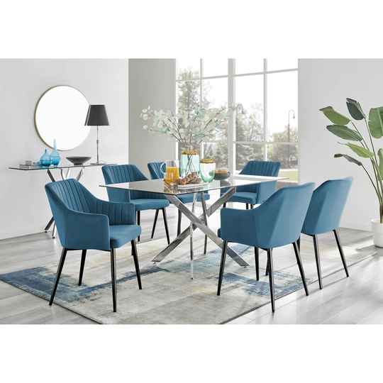 Leonardo Glass And Chrome Dining Table & 6 Blue Calla Silver Leg Velvet Chairs