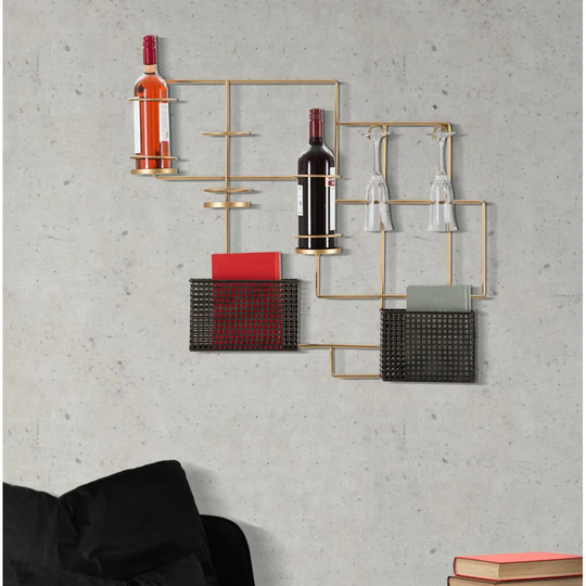 Boman 4 Bottle Wall Mounted Wine Bottle Rack in Gold/Black