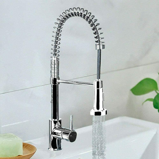 Chrome Monobloc Kitchen Sink Mixer Tap Swivel and Spring Spout Pull Out Hose Spray Single Lever Swan Neck Faucet