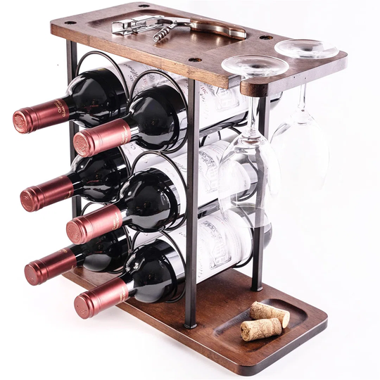 Wine Rack 6 Bottles, Countertop Wine Bottles Holder Racks, 3 Tier Wine Display Shelves With 2 Wine Glass Drying Rack