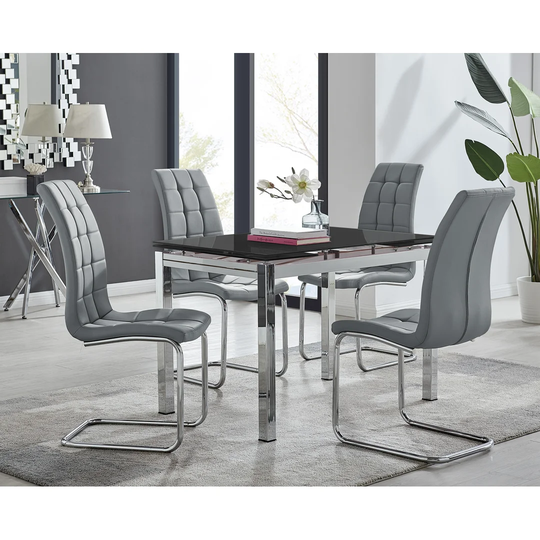 Enna Black Glass Extending Dining Table And 4 Grey Murano Chairs