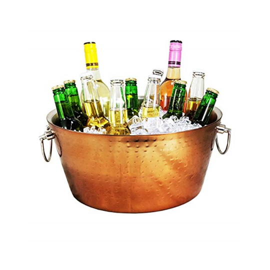 BREKX Rose Copper Hammered Stainless-Steel Beverage Tub, Double-Walled Insulated Anchored Drink Tub & Ice Bucket with Double Hinged Handles, Drink Chi