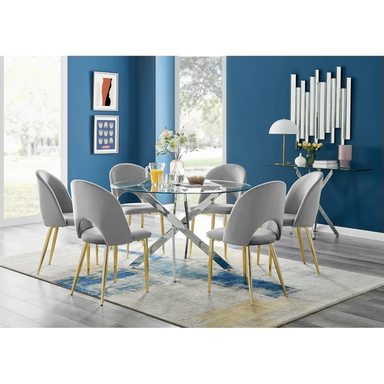 Novara 120Cm Round Glass Dining Table & 6 Grey Arlon Gold Leg Chairs