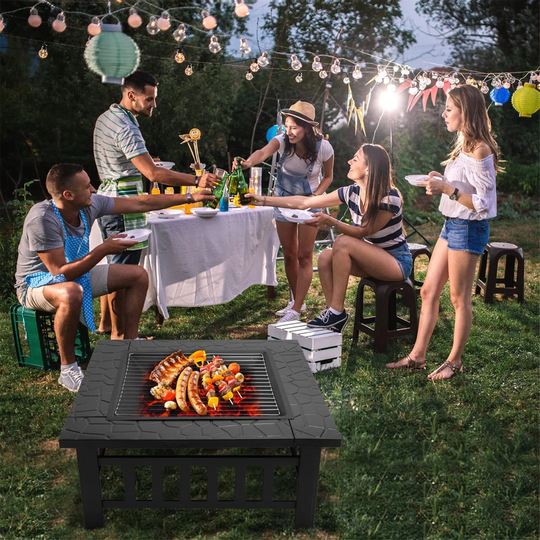 BBQ Fire Pit 3 In 1 Fire Table With Rain Cover,Grill,Poker And Lid Brazier Table Cast Iron Wood Burner Patio Heater For Garden/Camping 81X81x36cm