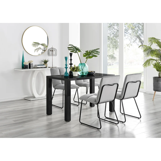 Pivero Black High Gloss Dining Table & 4 Light Grey Menen Chairs
