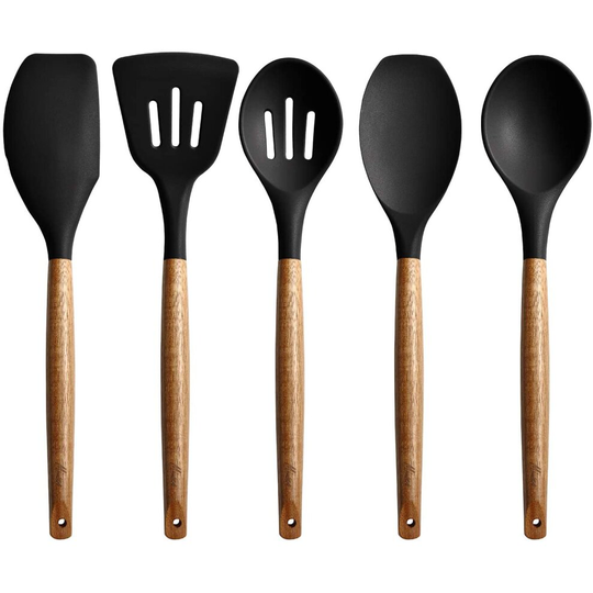 Silicone Kitchen Utensils Set Wood Handle, 5 Piece