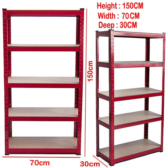(Heavy Duty 5 Tires Steel Freestanding Boltless Racking 150cm x 70cm x 30cm Red) Garage Shelving Units 5 Tier Metal Storage Racking Shelves